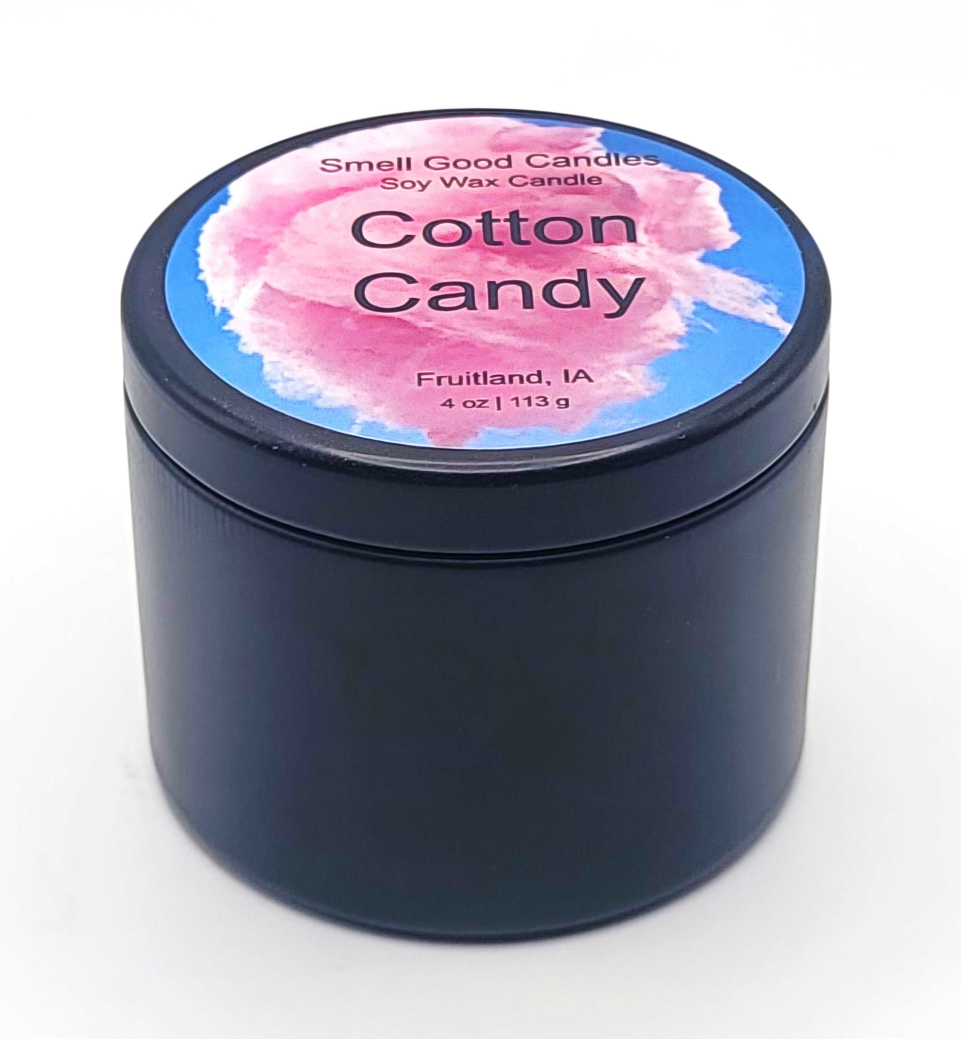 Cotton Candy Soy Wax Candle in a 4oz tin with sweet spun sugar scent