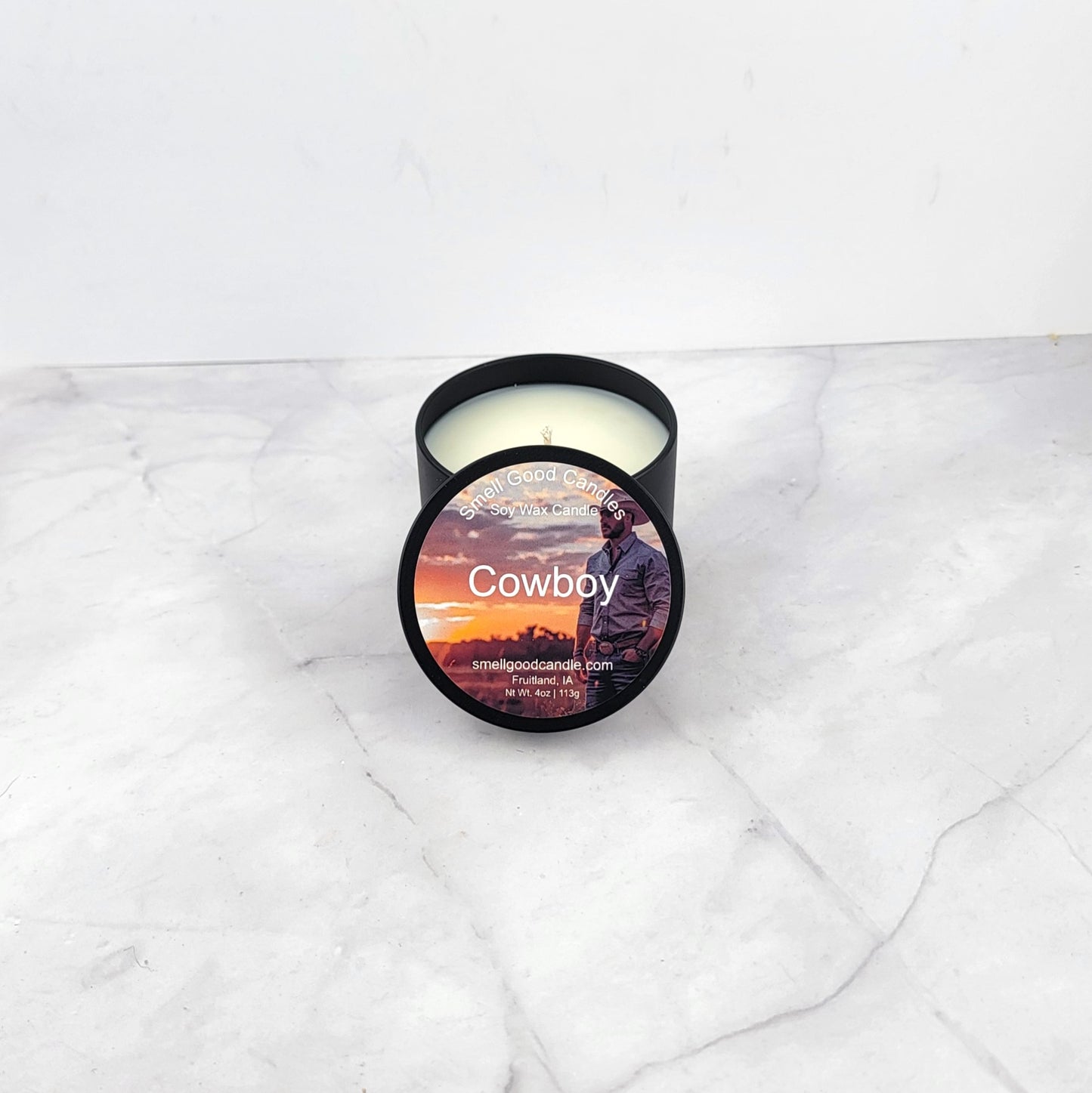 Cowboy 8oz Premium Soy Wax Candle with bold, masculine fragrance notes.