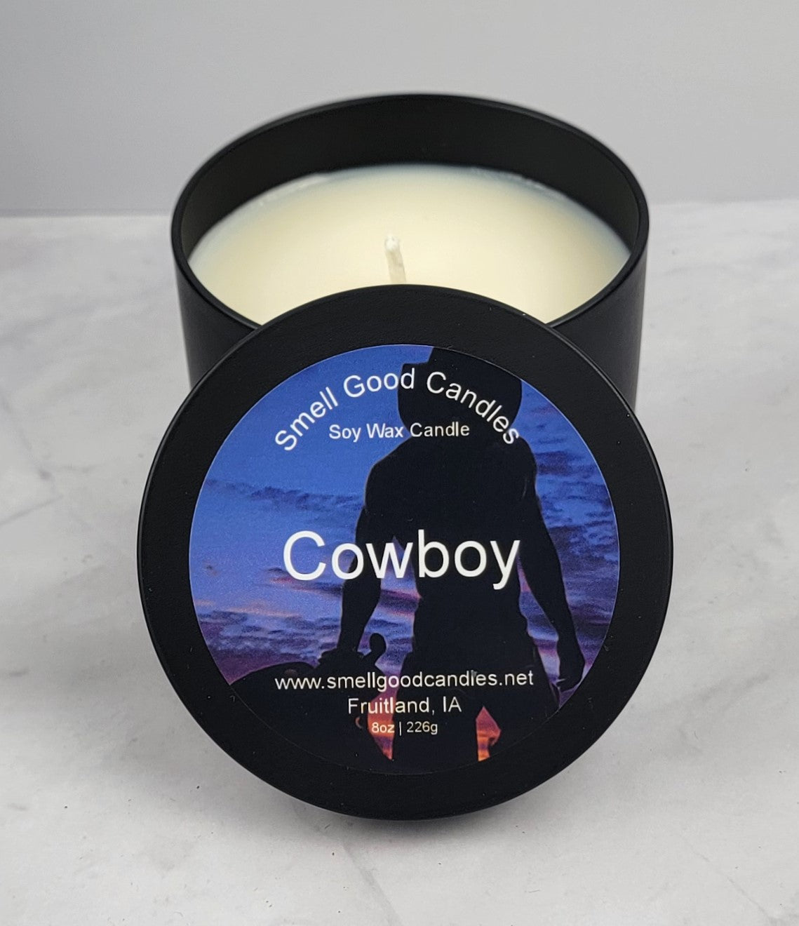 8oz Cowboy Soy Wax Candle with citrus, amber, and cedarwood fragrance