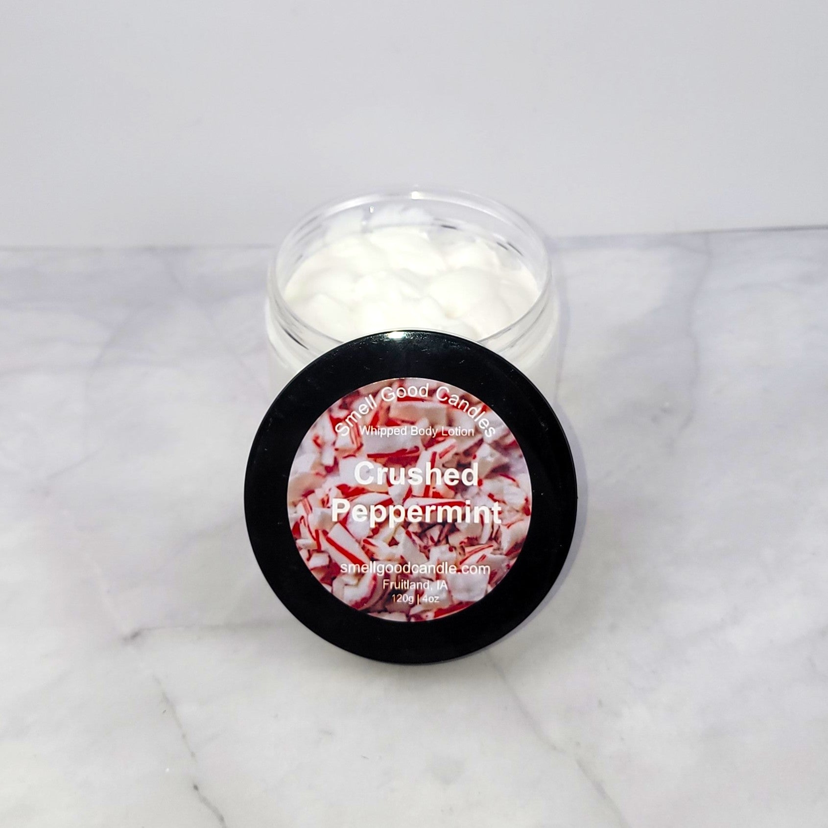 Crushed Peppermint Whipped Body Lotion inspired by Yankee Candle with eucalyptus, wintergreen, and vanilla for deep hydration and a refreshing minty scent.