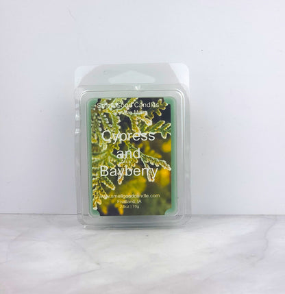 Cypress and Bayberry Soy Wax Melt featuring eucalyptus, bayberry, and fir for a fresh, sophisticated woodland scent.