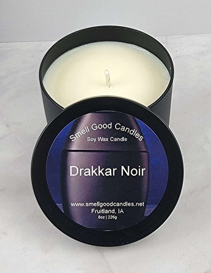 Drakkar Noir masculine scented soy candle with leather and amber notes