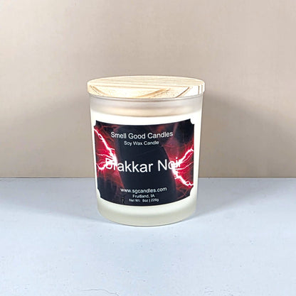 8oz Drakkar Noir soy candle in frosted glass jar for luxury home decor.