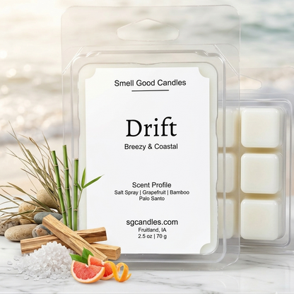 Drift soy wax melt with coastal decor, sea salt fragrance and beach inspired home fragrance by Smell Good Candles