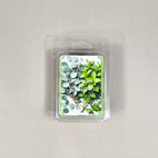 Clear 6-cavity clamshell packaging featuring light green soy wax melt cubes. The transparent container showcases the smooth, artisanal texture of the hand-poured wax.