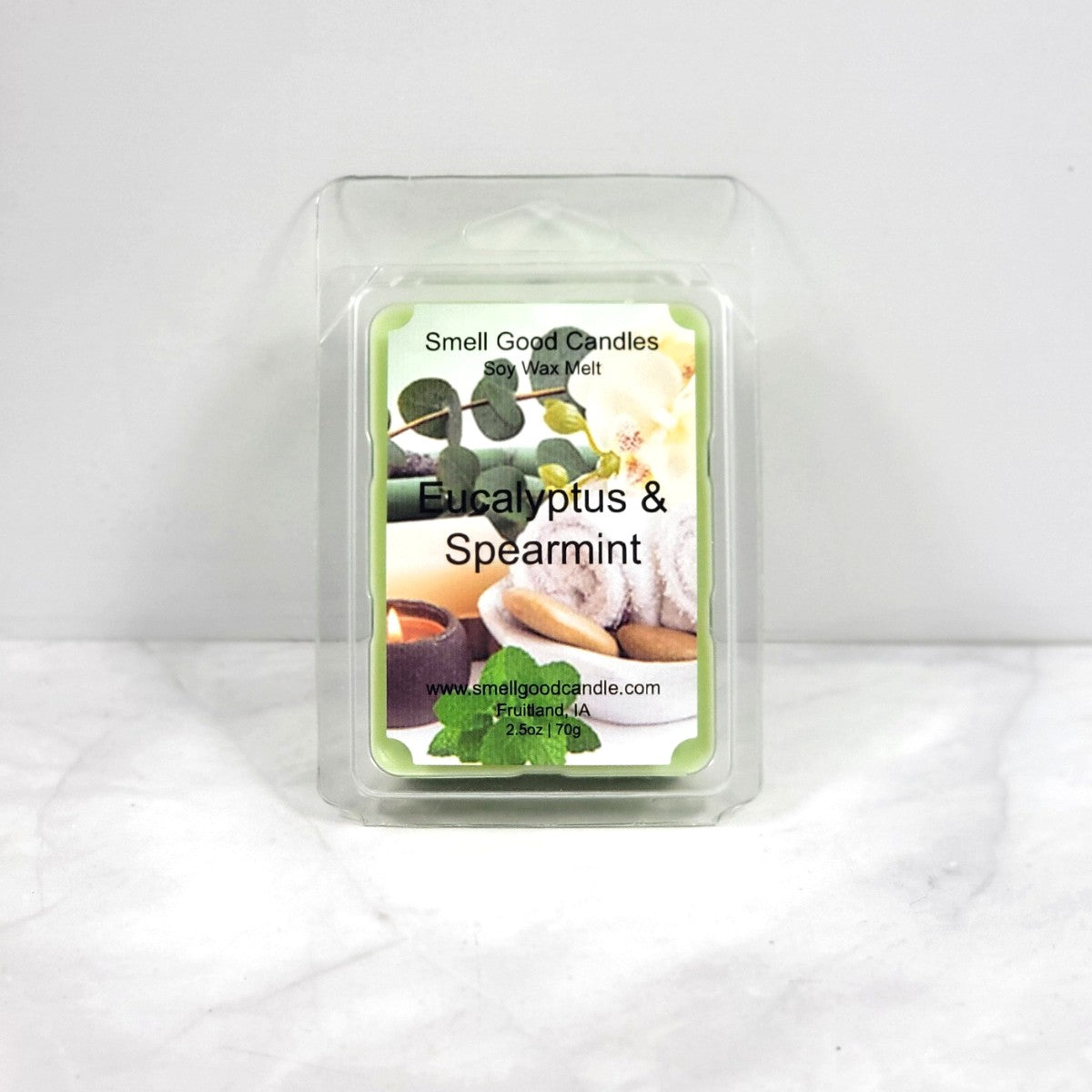 Eucalyptus & Spearmint soy wax melt packaging on a white background