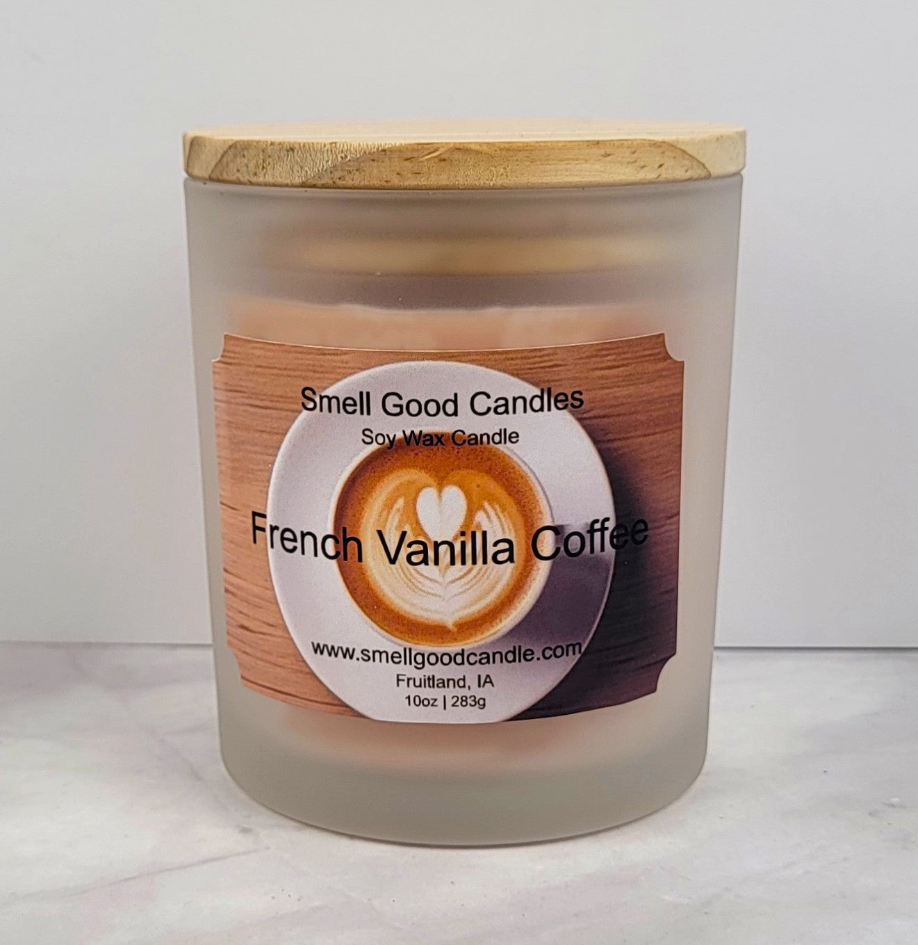 10oz French Vanilla Coffee Soy Wax Candle in a reusable glass jar, featuring a rich coffee and creamy vanilla scent for a cozy, café-inspired ambiance.