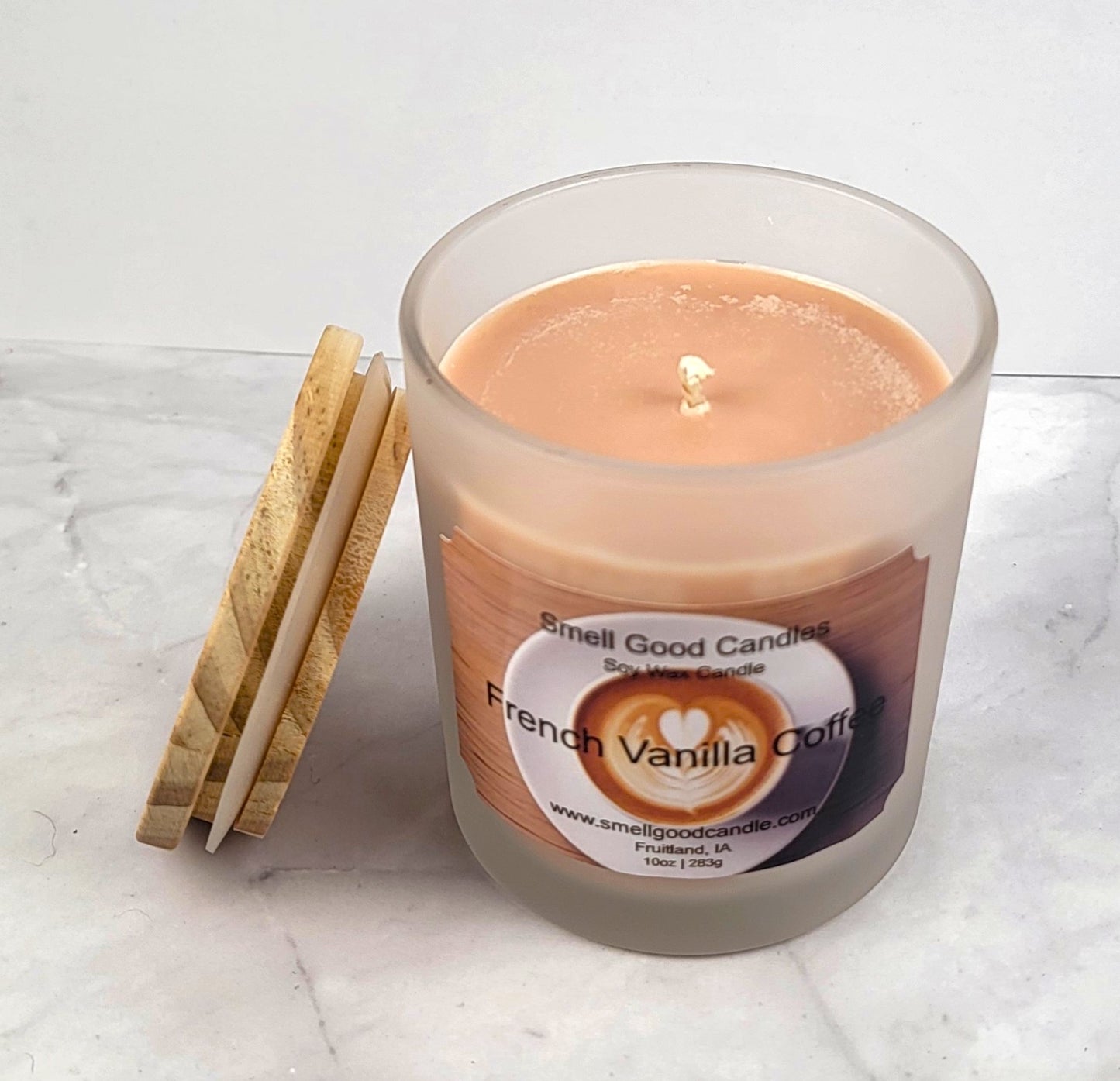 Overhead view of French Vanilla Coffee Soy Wax Candle in a glass jar, showcasing its smooth soy wax and elegant presentation