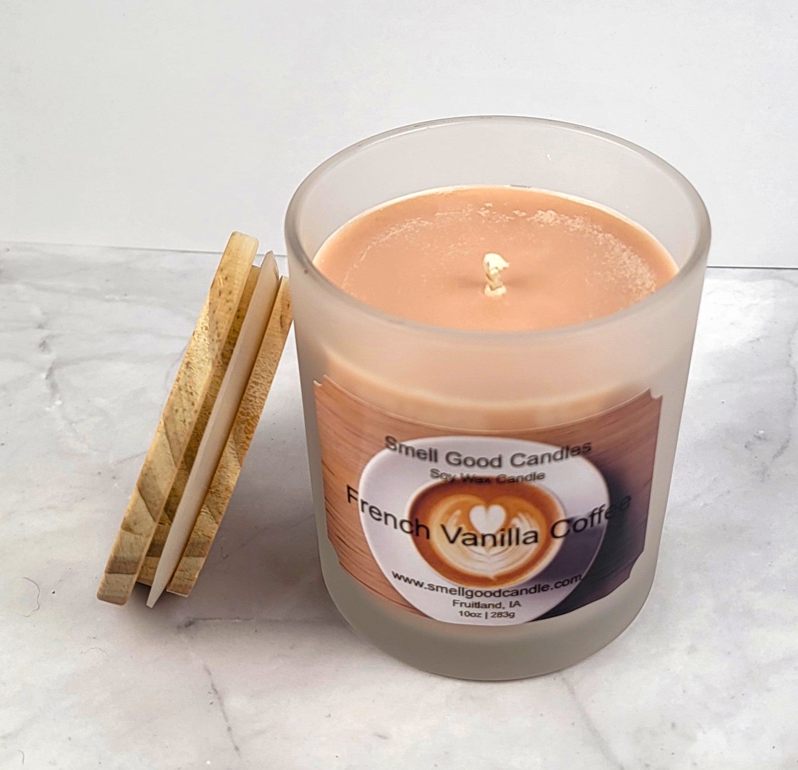 Overhead view of French Vanilla Coffee Soy Wax Candle in a glass jar, showcasing its smooth soy wax and elegant presentation