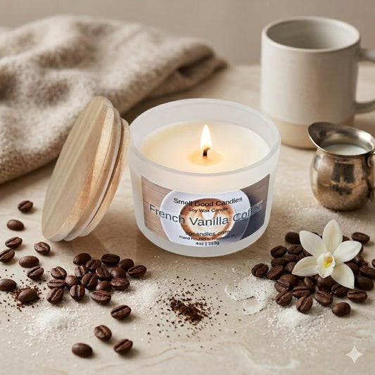 A minimalist luxury photo of a frosted glass 'French Vanilla Coffee' candle with a wood lid and glowing flame on marble. The scene features whole coffee beans, scattered grounds, sugar, a vanilla blossom, and a small silver cream pitcher, set against a soft throw and ceramic mug.