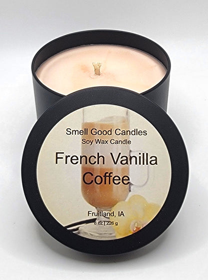 French Vanilla Coffee 8oz Soy Candle with freshly brewed coffee and vanilla fragrance notes