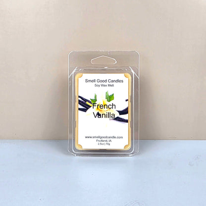 Packaged soy wax melt with 'French Vanilla' fragrance on a light background