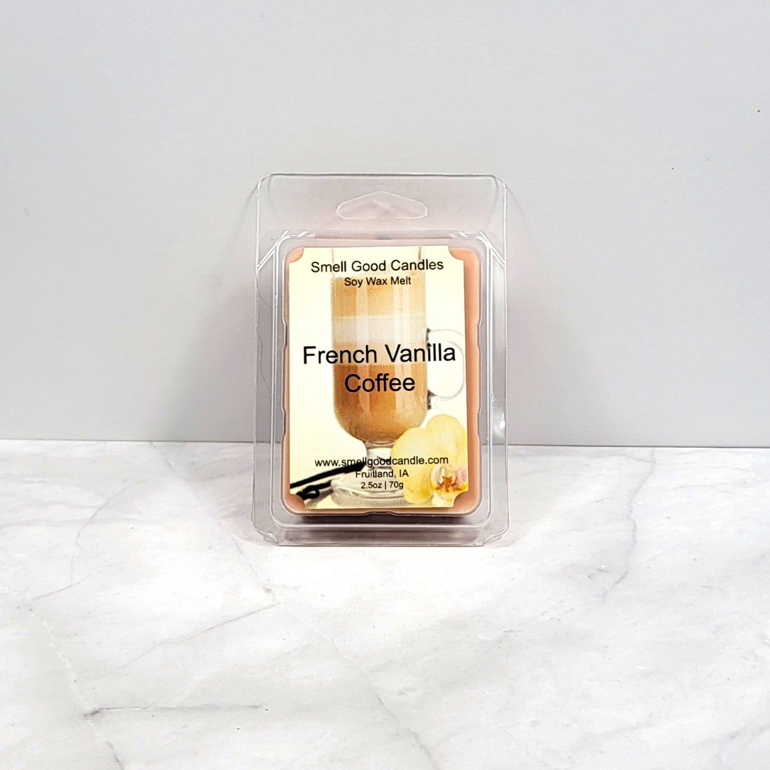 French Vanilla Coffee Wax Melt in rustic coffee setting