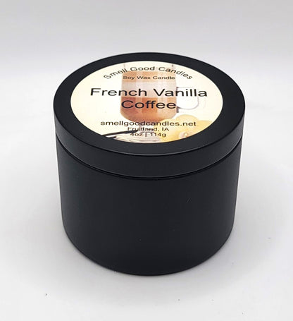 French Vanilla Coffee 4oz Soy Candle showing hand-poured soy wax inside black candle tin
