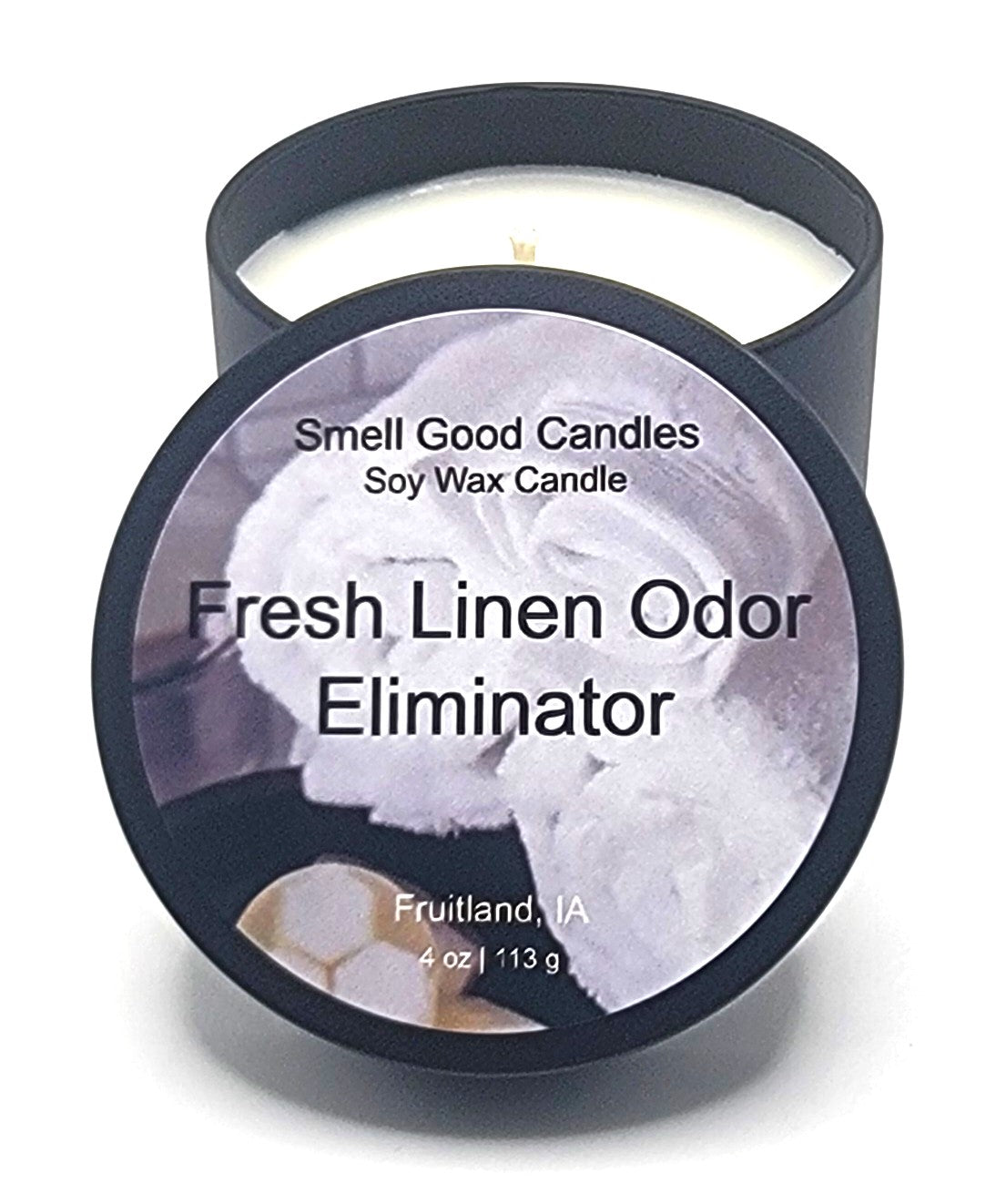 Fresh Linen Odor Eliminator soy wax candle in minimalist tin