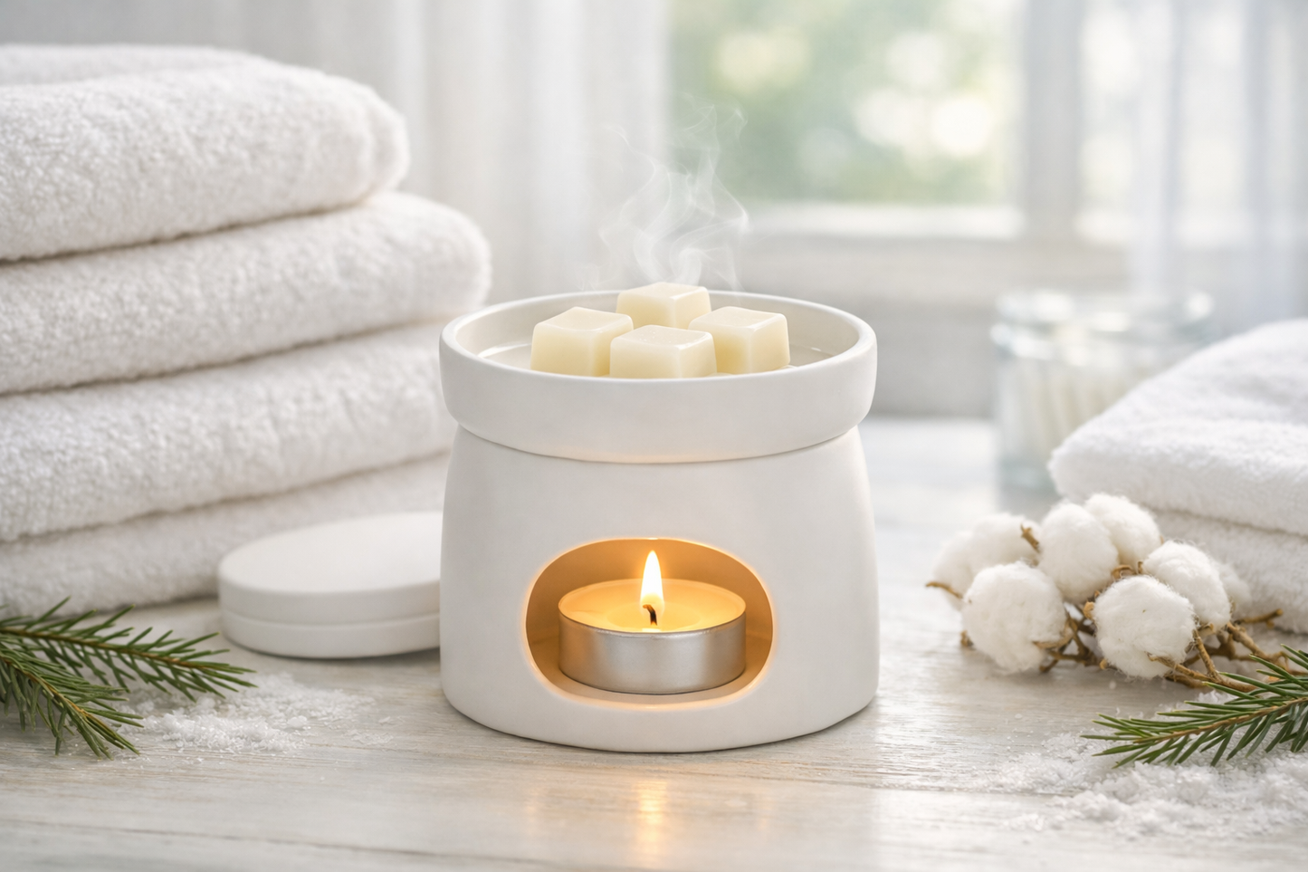 White wax warmer with a lit candle on a wooden surface, surrounded by white towels and cotton balls.