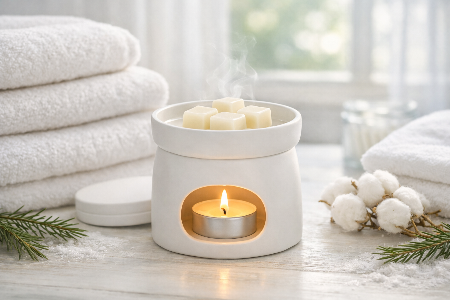 White wax warmer with a lit candle on a wooden surface, surrounded by white towels and cotton balls.