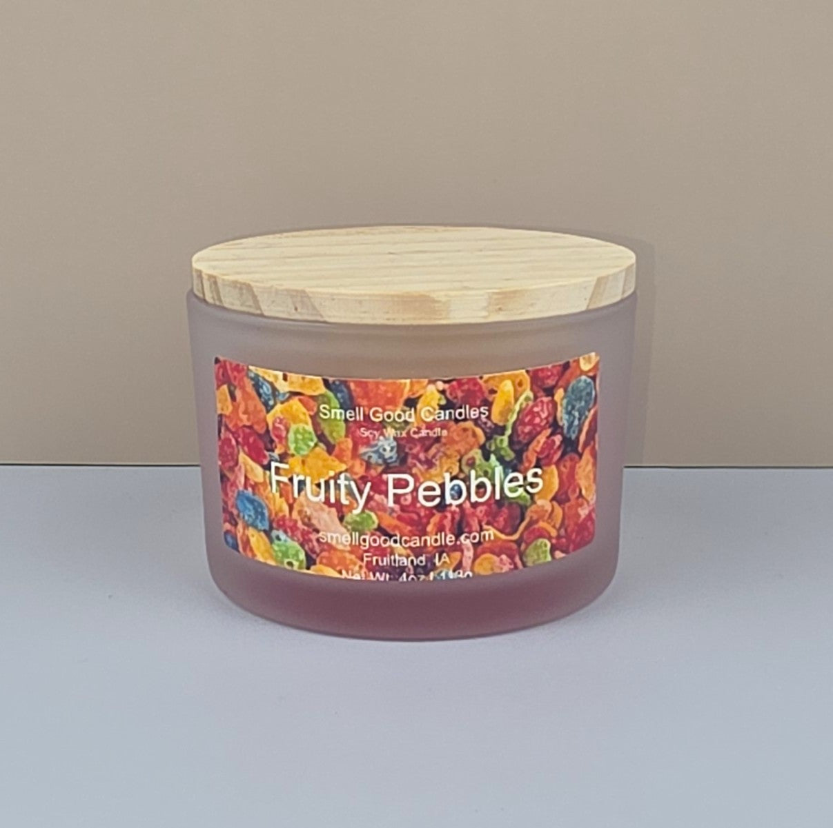 Fruity Pebbles soy candle with sweet cereal and vanilla fragrance