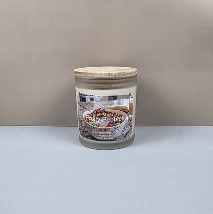 Candle jar labeled 'Fruity Pebbles' on a plain background