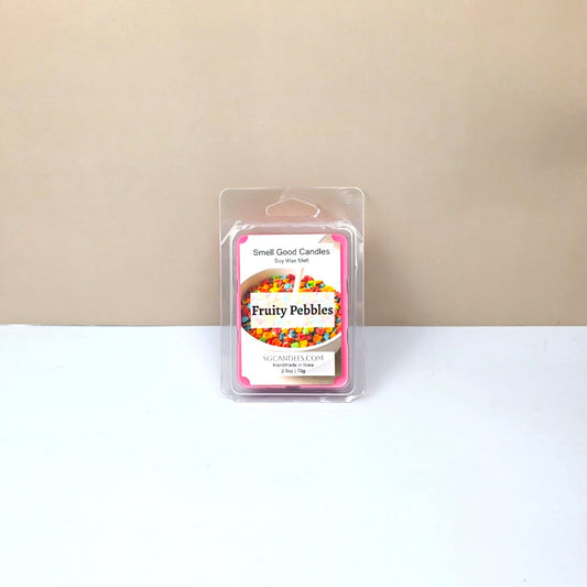 Hand-poured Fruity Pebbles soy wax melts in a clear clamshell package featuring a professional scent label.