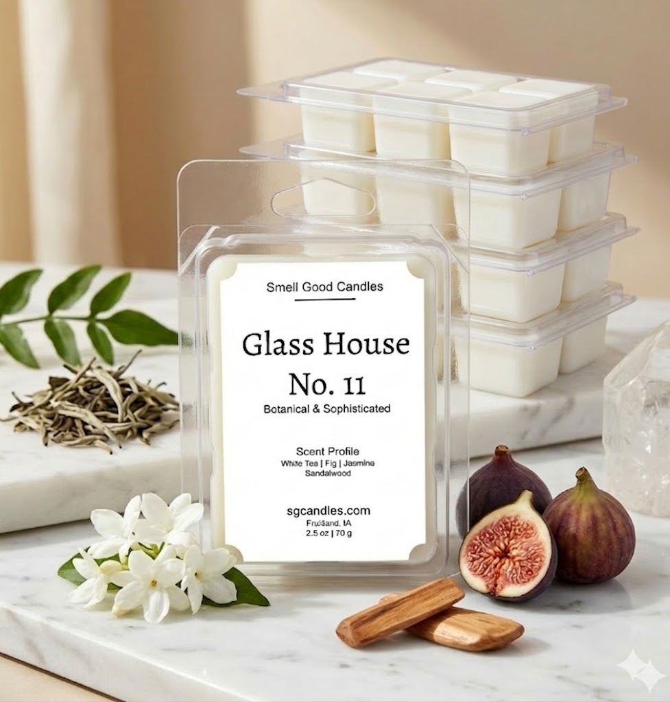 A professional product photograph of "Glass House No. 11" soy wax melts by Smell Good Candles. The minimalist white label features a botanical scent profile of white tea, fig, jasmine, and sandalwood. The clear clamshell packaging is displayed on a white marble slab alongside fresh sliced purple figs, delicate white jasmine blossoms, dried white tea leaves, and smooth sandalwood pieces, accented by a clear quartz crystal against a bright, airy background.