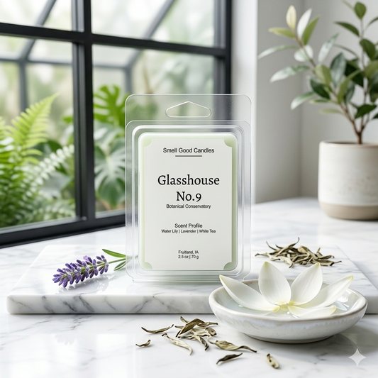 Glasshouse No. 9 Botanical Conservatory luxury wax melt by Smell Good Candles. Features scent notes of Water Lily, Lavender, and White Tea, displayed on a white marble slab in a bright, airy solarium with botanical greenery in the background.