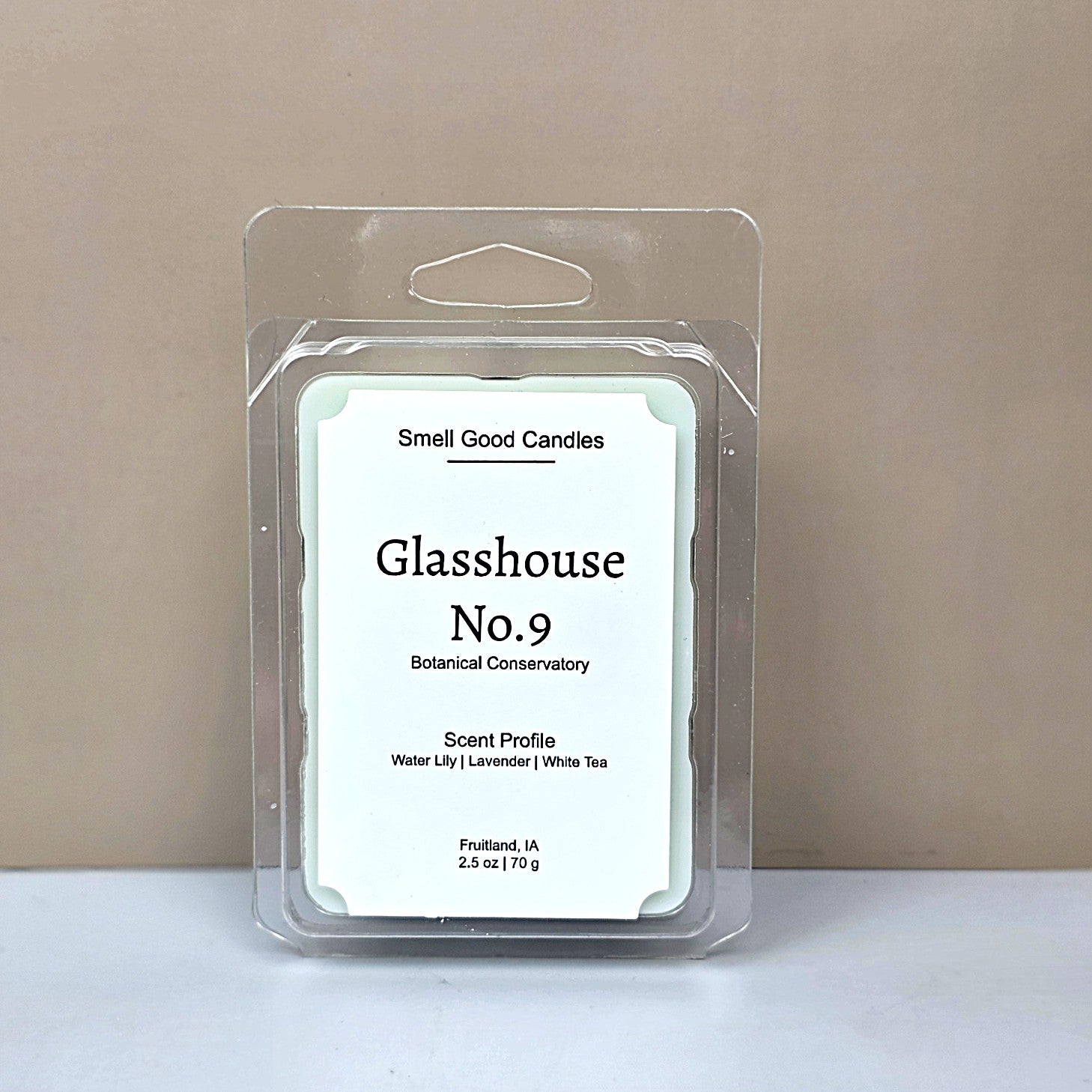 Luxury botanical wax melts with white tea and lavender scent profile.