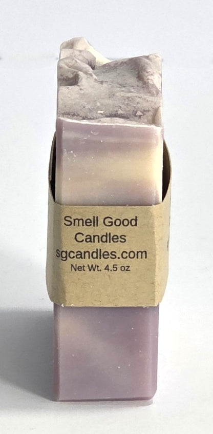 Website and net weight label details on the side of a handmade Harvest Fig natural soap bar.