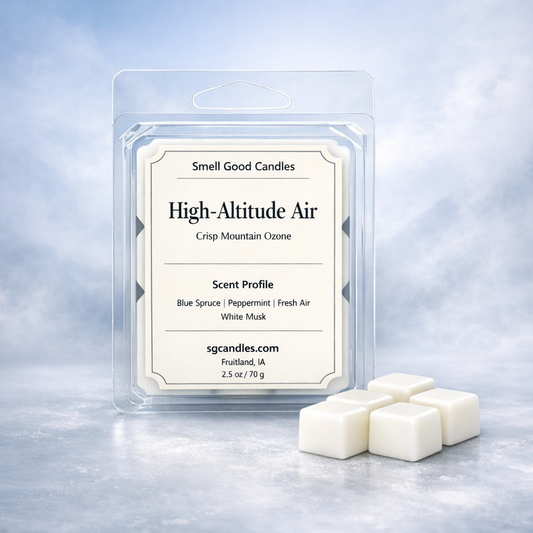 High‑Altitude Air white soy wax melts by Smell Good Candles in clear clamshell packaging with white wax melt cubes on a clean minimalist background.