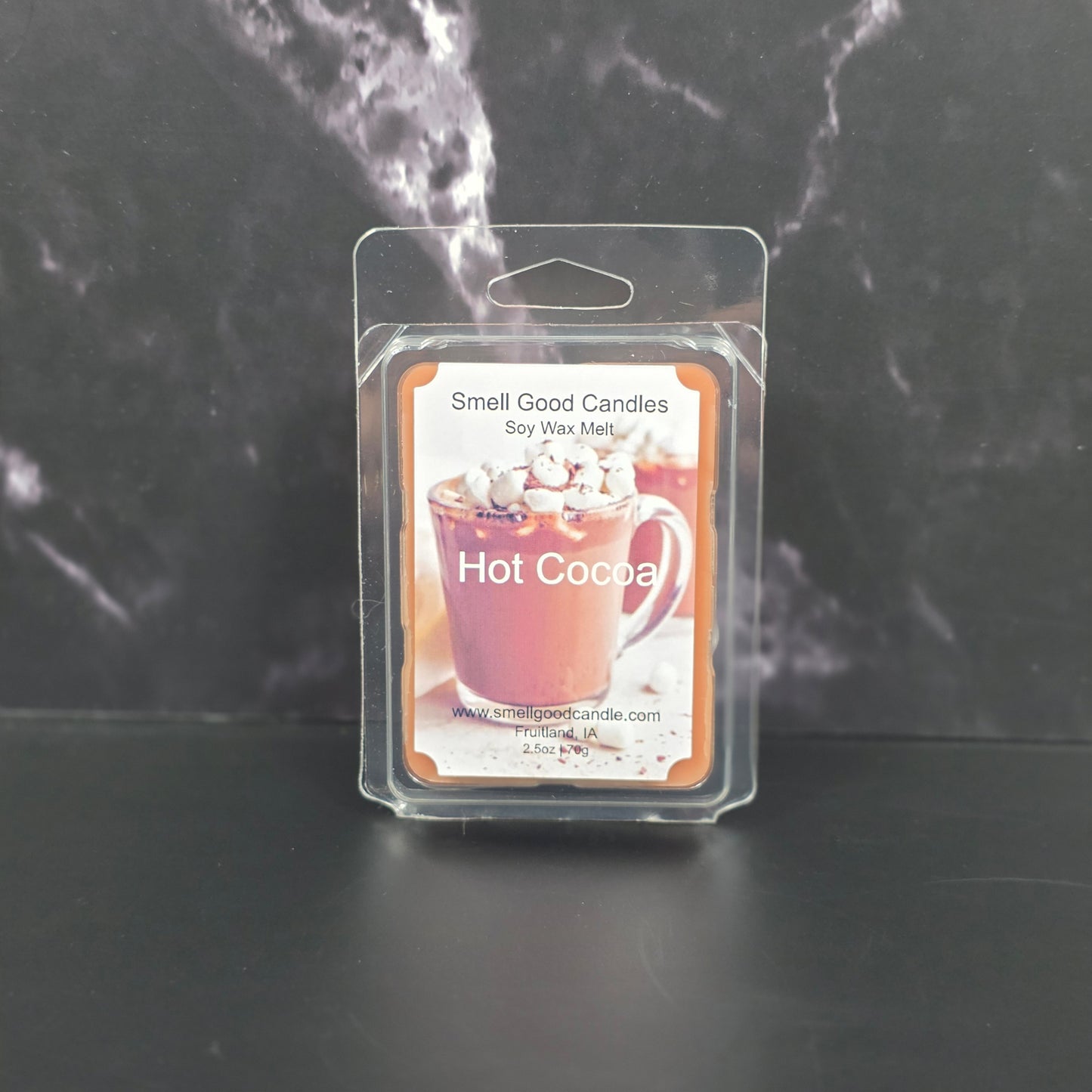 Hot Cocoa Soy Wax Melt by Smell Good Candles featuring a mug of cocoa with marshmallows.