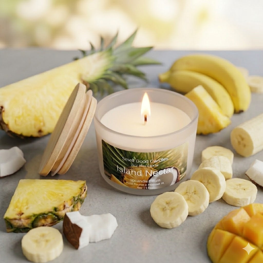 a white frosted glass 'Island Nectar' candle in a natural wood-lidded container, featuring a lit wick with a realistic glowing flame. The creamy white wax candle is set in a professional lifestyle scene surrounded by fresh fruit fragrance cues: prominent whole and sliced bananas, fresh pineapple pieces, diced mango, and coconut chunks on a polished stone surface with soft natural lighting.