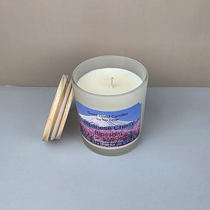 Japanese Cherry Blossom 8oz Soy Candle in white frosted glass jar with natural wood lid