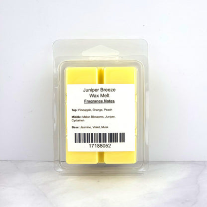 Back view of Juniper Breeze Soy Wax Melt in hand-poured soy wax clamshell packaging