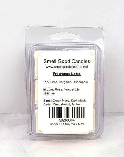 Packaged soy wax melt in a clear plastic container with a label that includes the product name, fragrance notes, and a barcode.