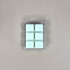 Clear 6-cavity clamshell packaging showcasing pale mint-green, hand-poured soy wax melt cubes for home fragrance.