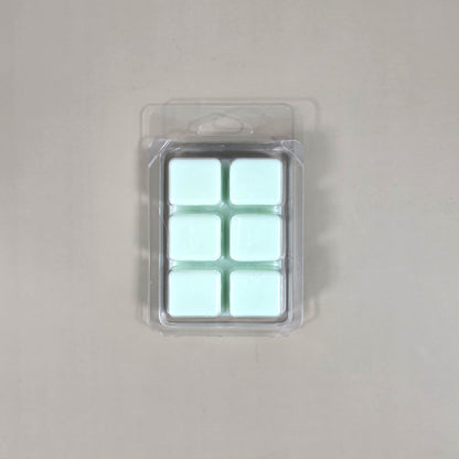 Clear 6-cavity clamshell packaging showcasing pale mint-green, hand-poured soy wax melt cubes for home fragrance.