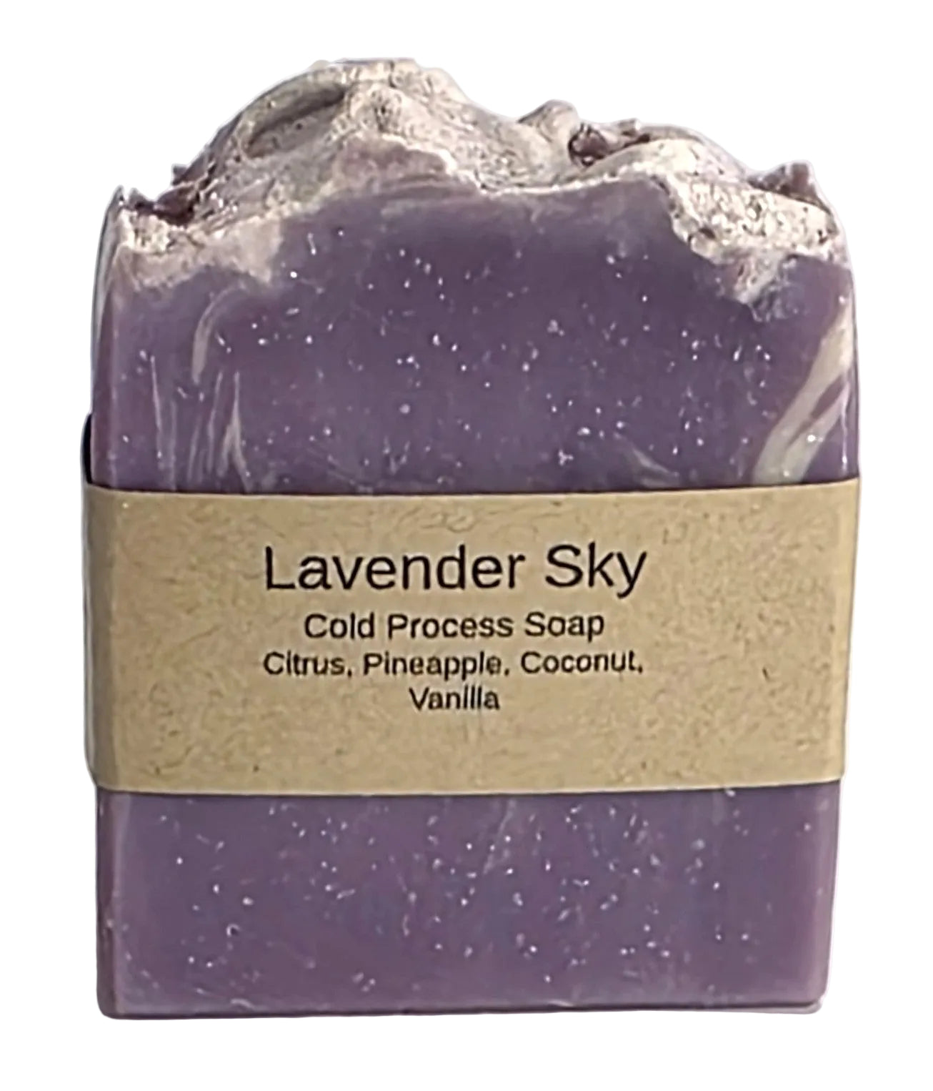 Lavender Sky cold process natural soap bar with brown paper label detailing tropical scent notes of citrus, pineapple, coconut, and vanilla from Smell Good Candles in Fruitland, Iowa.