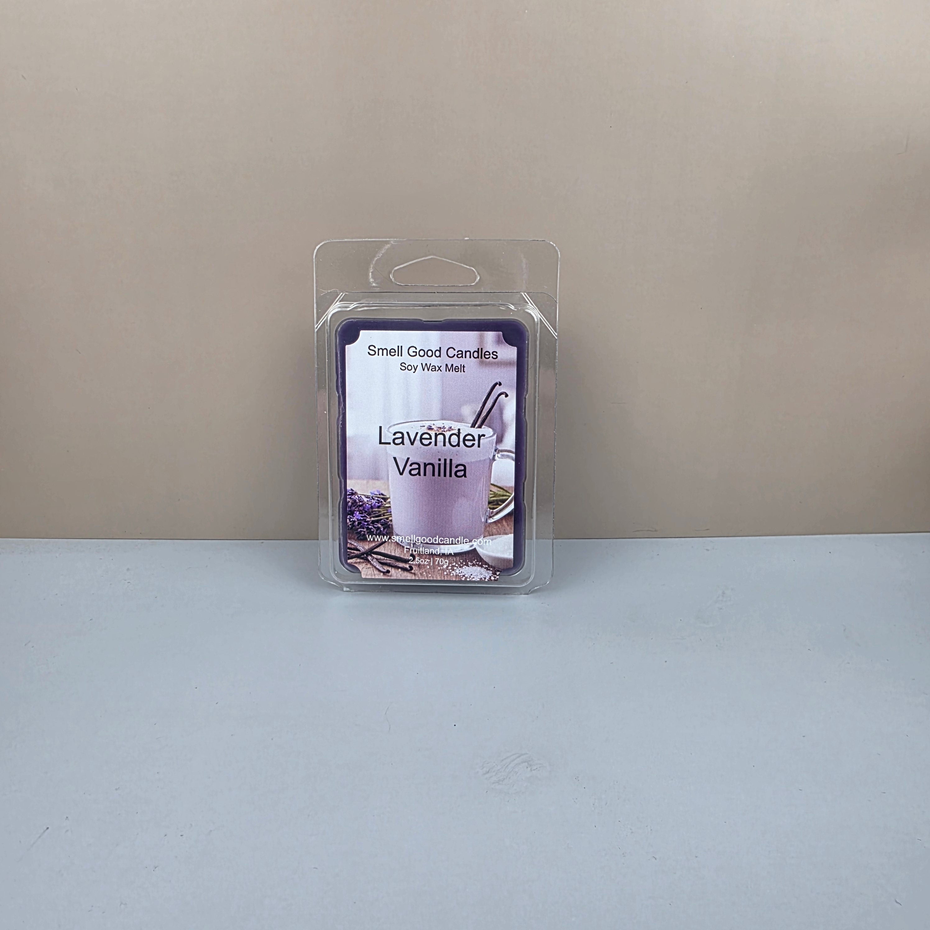 Packaged lavender vanilla wax melt on a neutral background