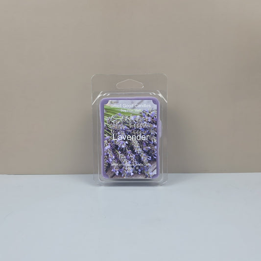 Packaged lavender candle melt on a neutral background