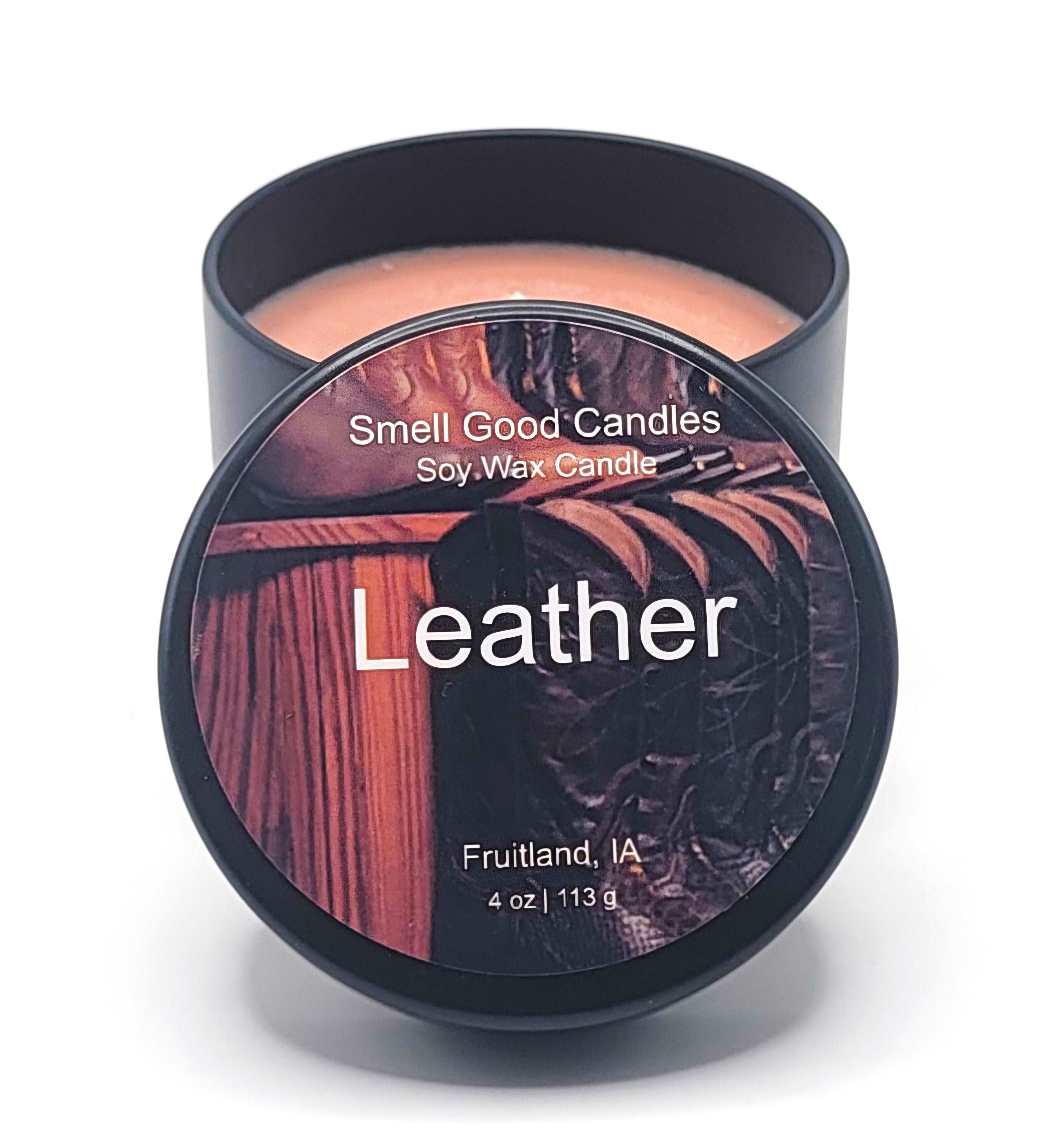 Luxurious leather and cedarwood candle with eco-friendly soy wax