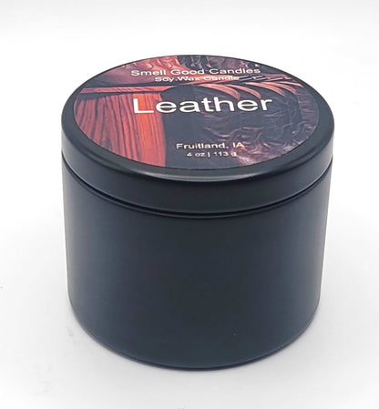 Freshly tanned hide fragrance in premium soy wax candle