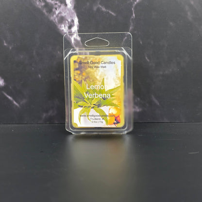 Lemon Verbena Soy Wax Melt with lemon, lemon peel, verbena, and citrus fragrance notes