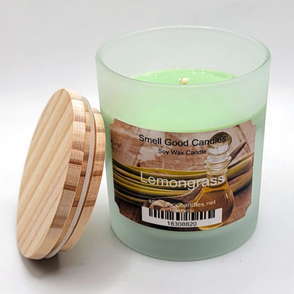 Lemongrass 10oz scented soy wax candle handcrafted in Iowa with fresh citrus and herbal fragrance notes shown with lid removed