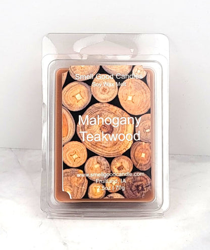 Mahogany Teakwood soy wax melt with rich woodsy fragrance and warm mahogany notes