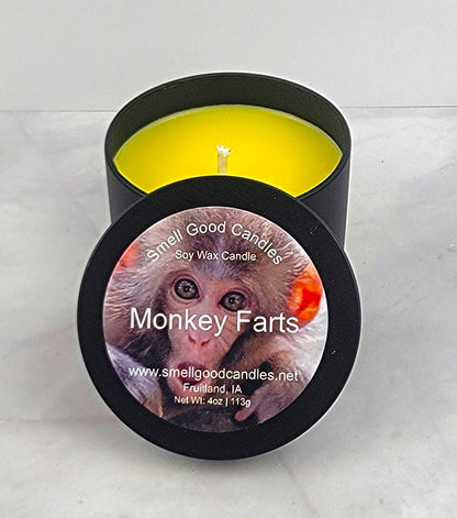 Monkey Farts 4oz Soy Candle with banana, grapefruit, kiwi, strawberry, and vanilla fragrance notes