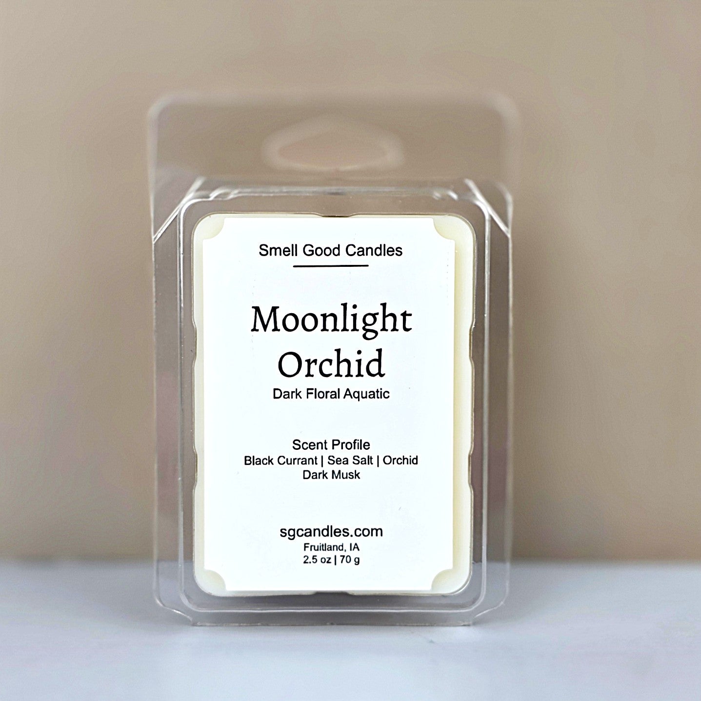 Moonlight Orchid wax melt by Smell Good Candles, featuring a dark floral aquatic scent profile of Black Currant, Sea Salt, and Orchid.