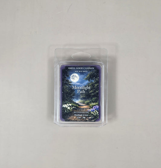 Wax melt package labeled 'Moonlight Path' on a light gray background