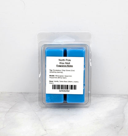 North Pole Soy Wax Melt cubes in hand-poured soy wax clamshell packaging