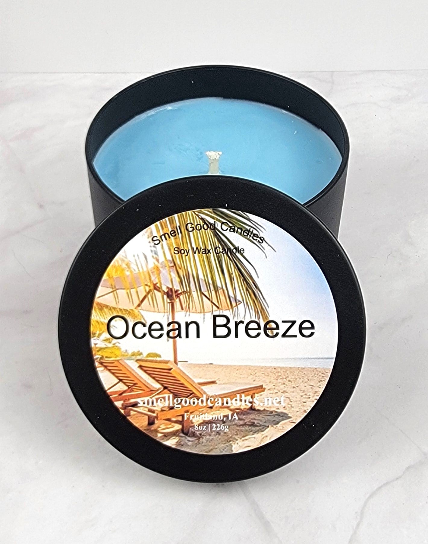 Ocean Breeze 8oz soy candle with refreshing coastal scent.