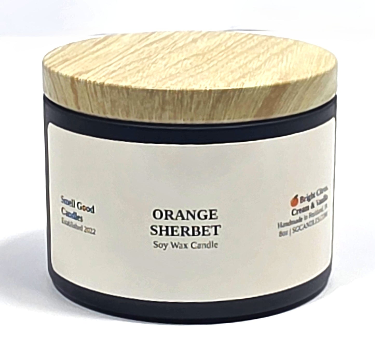 Orange Sherbet 8oz Soy Candle with sweet orange, creamy citrus, and vanilla fragrance notes